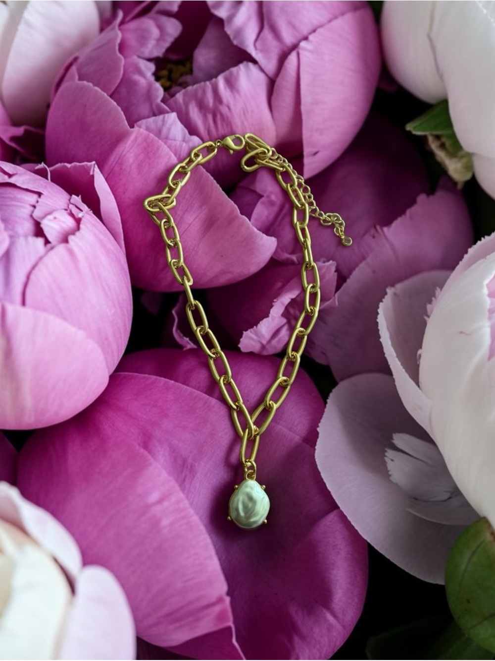 Natasha Couture Gold Link Necklace with Pearl Drop